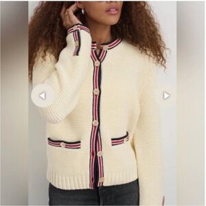 ALEX MILL Emmy Cardigan Sweater in Cream with Red and Navy trim